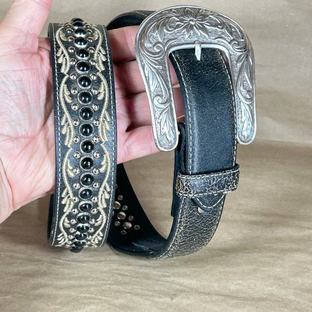 Nocona Belt Mens M Black Distressed Leather Embroidered Studded Engraved Buckle